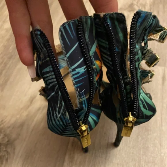 Express Cabana Stiletto High Heels Strappy Blue Green Floral Beach Summer sz 8 - Picture 10 of 11